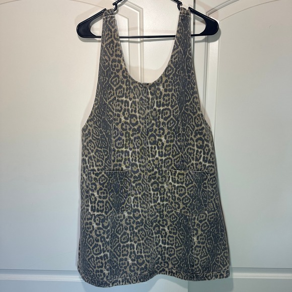Entro Leopard Print Animal Denim Overalls Dress Mini Short Pinafore Womens S - Picture 2 of 5